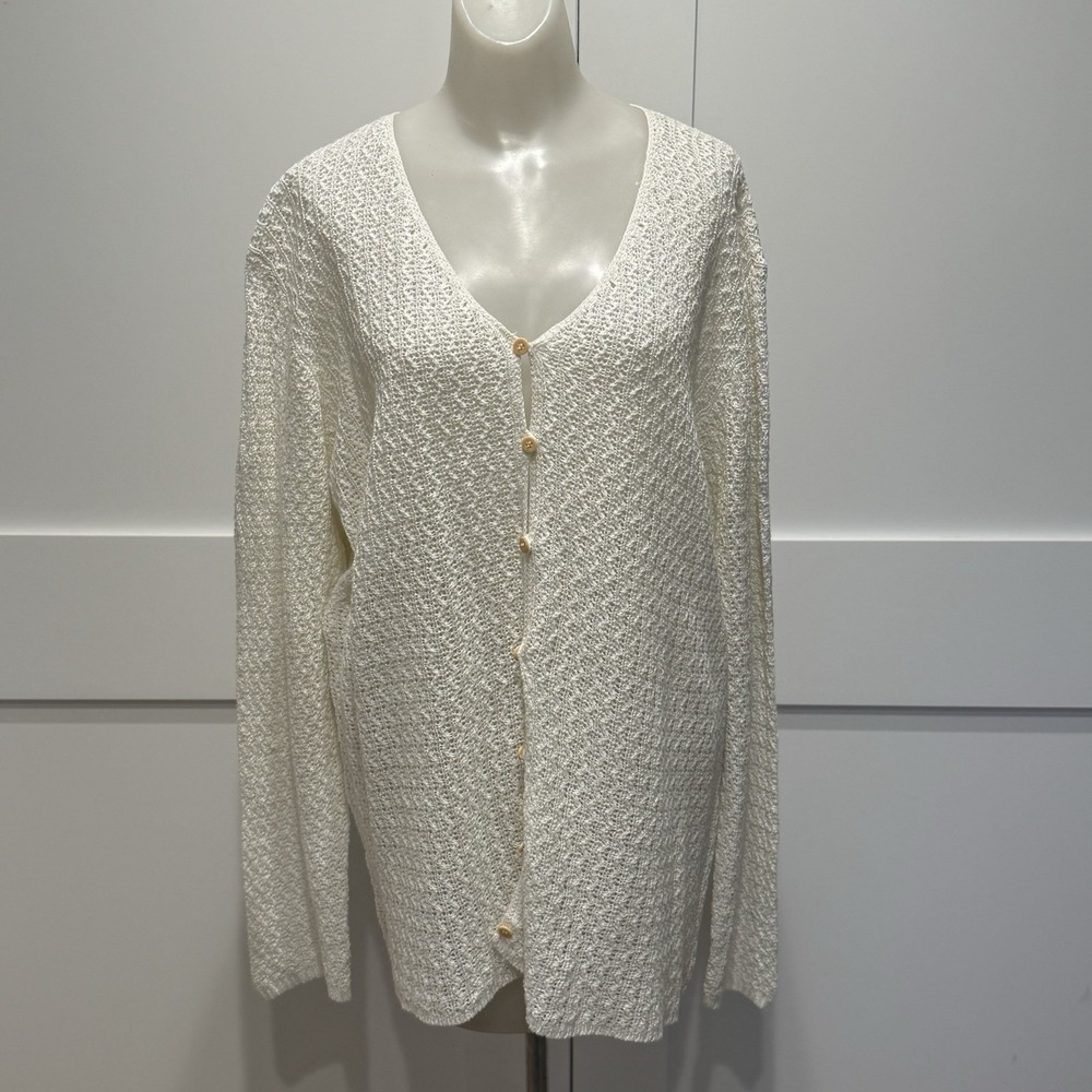 Eileen Fisher Cardigan Women's L Ivory White Cotton Open Knit Button Front LG
